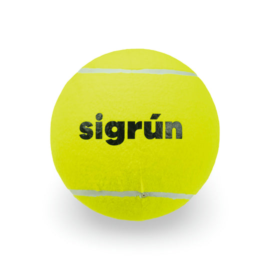 Yellow tennis ball with 'sigrön' branding on a light gray background
